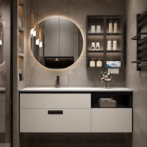 Combinación de mueble de baño sencillo y ligero, mueble de pared de madera maciza, lavabo colgante - Product Image 3