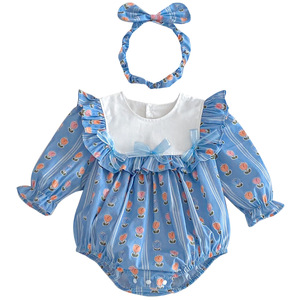 Tutina per Bambine in Stile Coreano con Stampa di Tulipani Blu, Maniche Lunghe e Fascia Abbinata per Uso Quotidiano e Servizi Fotografici - Product Image 5