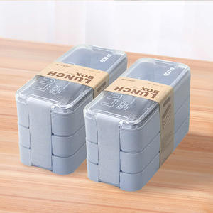 Cross-border trade lunch <b>box</b>, three-layer wheat <b>plastic</b> bento <b>box</b>, student and adult lunch <b>box</b> with cutlery, square lunch <b>box</b> - Product Image 2