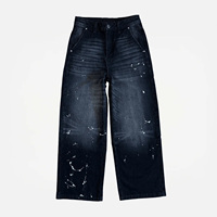 Jean en denim pour homme, coupe droite ample, noir, effet éclaboussures de peinture, délavé, dégradé, effet usé, effet moustaches, personnalisé OEM