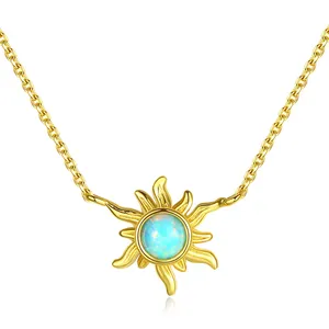 Luxury Jewelry 925 Sterling Silver Gold Plated Natural Round Opal Sun Flower Moonstone Pendant Necklace