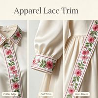 Ruban brodé sur base en tissu, motif floral vintage personnalisé, base blanche unie, fleur rose, feuille verte, garniture en dentelle haute densité pour vêtement