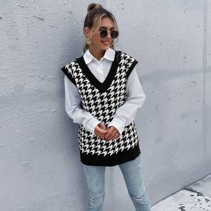 Pull-over à <span class=keywords><strong>pied</strong></span>-<span class=keywords><strong>de</strong></span>-<span class=keywords><strong>poule</strong></span> à carreaux, col en V, <span class=keywords><strong>sans</strong></span> manches, hauts femme, pull-over tricoté, gilet - Product Image 2