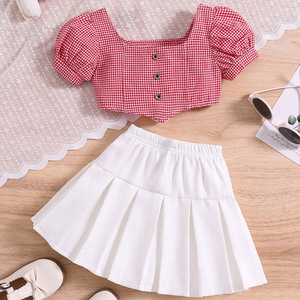 Conjunto de 2 Piezas para Niñas, Top Corto con Mangas Abullonadas a Cuadros y Falda Plisada, <span class=keywords><strong>Ropa</strong></span> de Verano para Niños, Venta al Por Mayor, Compatible con OEM y ODM - Product Image 2