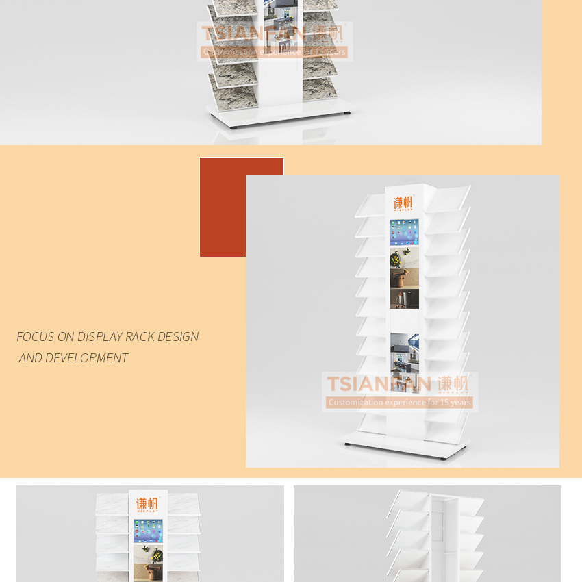 Factory direct floor-standing marble slab natural stone tile panel exhibition hall quaraz metal granite display stand