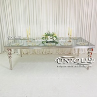 Table de salle à manger rectangulaire en verre trempé, en acier inoxydable doré, de luxe moderne, sur mesure pour hôtels et événements
