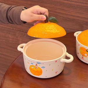 Bol à nouilles instantanées en céramique orange avec couvercle, design de dessin animé style été 2024, pour la maison, le dortoir, les étudiants, cadeau - Product Image 5