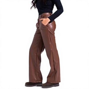 Pantalon en similicuir PU taille haute pour femme, coupe ample, couleur unie, longueur intégrale, style décontracté automne, avec poches et fermeture boutonnée - Product Image 1