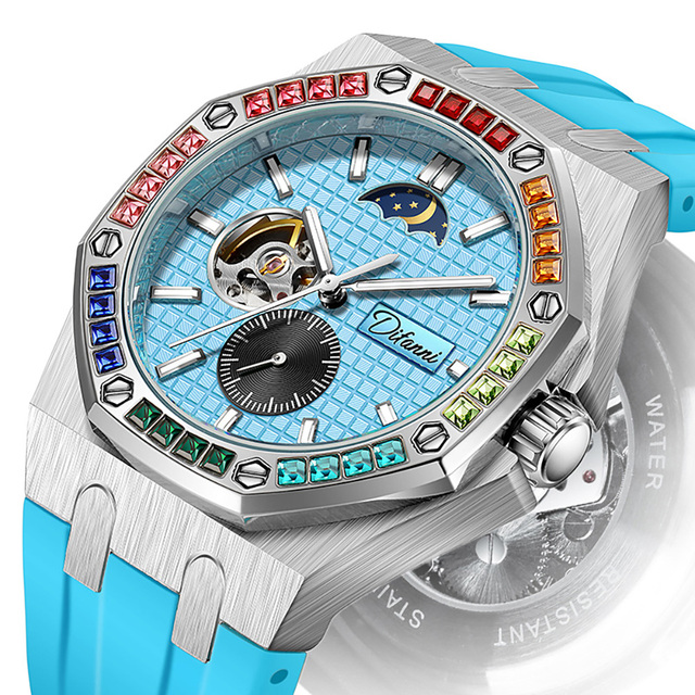 Men Diamond Automatic Watch Mechanical Wrist Watch With Calendar Moon Phase Luxury Watch