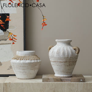 테라코타 도자기 화병, 넓은 입구 와비사비 핸드메이드 친환경 웨딩 홈 데코 탁상용 꽃병, 짚 로프 손잡이 - Product Image 2