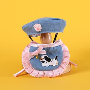 Chapeau pour animaux de compagnie, beret de cowboy en tissu brodé avec un nœud en dentelle, pour chat, chien, ours en peluche - Product Image 3