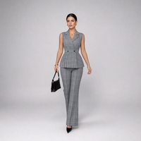 Ensemble 2 pièces élégant pour femme : Gilet plissé sans manches à col en V et pantalon évasé taille haute boutonné, anti-plis, à double boutonnage