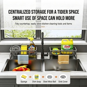 Organisateur de drainage robuste pour évier et comptoir, support de rangement métallique pour salle de bain et cuisine avec plateau <span class=keywords><strong>d</strong></span>'égouttage incliné et porte-serviettes amovible - Product Image 2