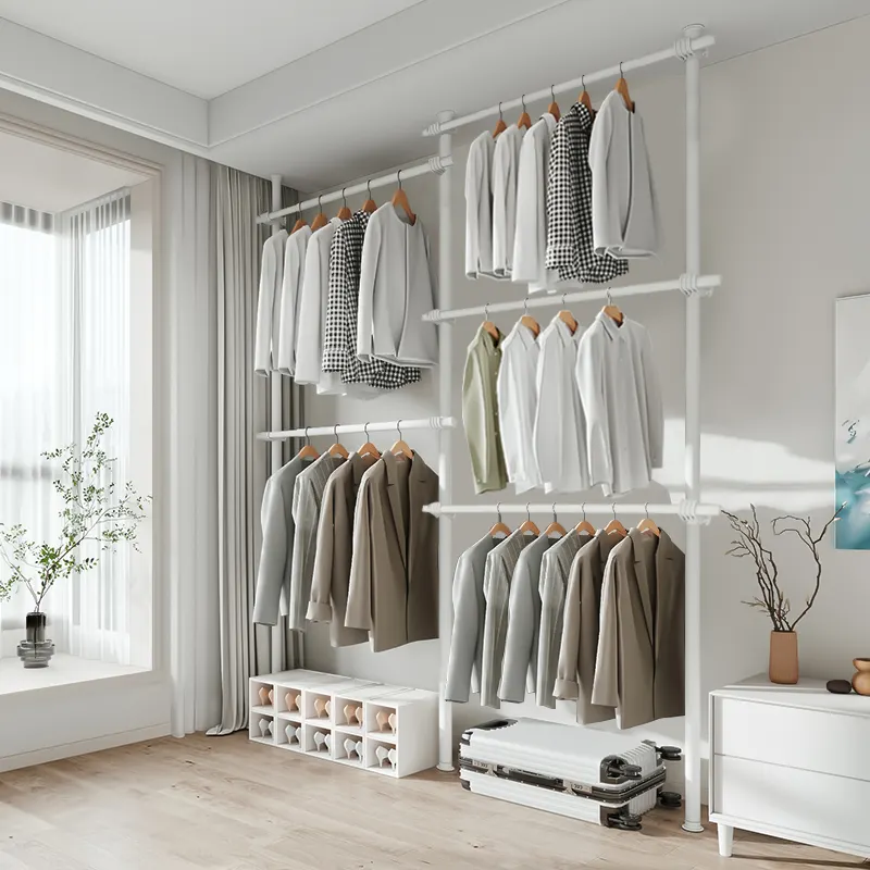 Kleine Schlafzimmer Kleidung tragbare weiße Kleider schränke Moderne Hänge stange Schrank System Ecke offener Kleider schrank