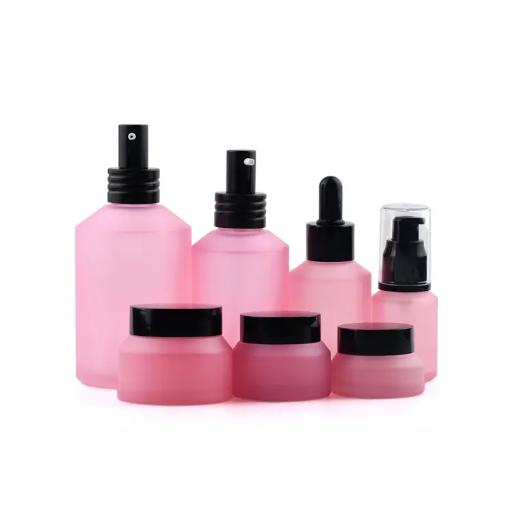 Juego de botellas de vidrio esmerilado para el cuidado de la piel, juego de cosméticos de lujo, frascos y botellas rosas para aceite