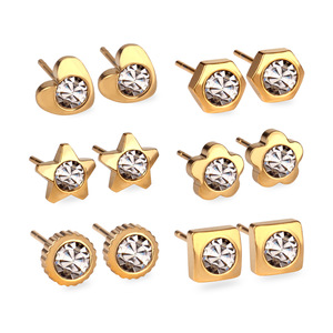 Stud Earrings Set Heart Star Flower Hexagon Square Screw Shape Crystal Bezel Setting Women's Everyday Wear Gold Tone - Product Image 1