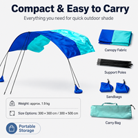 Toldo de Playa, Protección Solar 300*300cm UPF 50+, Resistente al Agua y al Viento, Portátil, de Fácil Montaje, Refugio para Campamento al Aire Libre, Postes de Acero