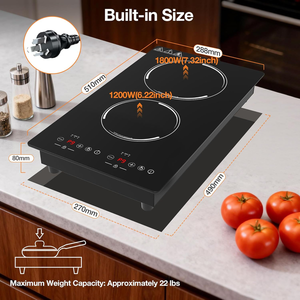 <span class=keywords><strong>Placa</strong></span> de Inducción Doble Portátil, Estufa de Inducción con 2 Quemadores, Acero Inoxidable, Control Táctil de 9 Niveles, Bloqueo de Seguridad Automático - Product Image 2