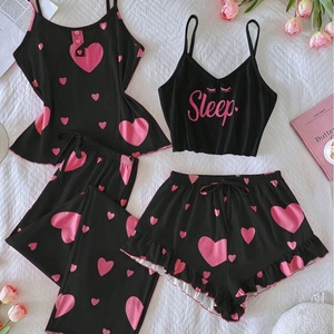 Conjunto de Pijamas Femininos de 4 Peças com Camisola e <span class=keywords><strong>Shorts</strong></span>, Roupa de Dormir de Verão com Top de Alças Duplas e Calças Sem Mangas - Product Image 6
