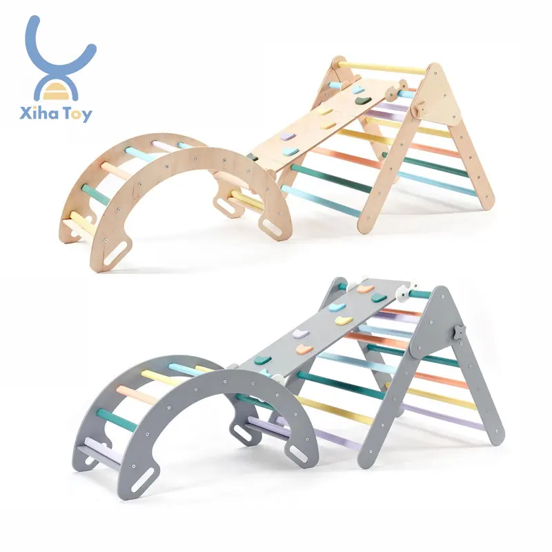 XIHA Montessori Piklers Triangle Gym Wooden Toddler Pickler Triangle Climbing Frame With Ramp And Rocking Arch Indoor Playground