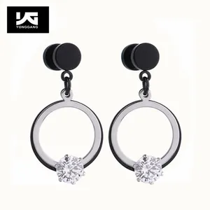 High Quality Black plated Stainless Steel Big Round Dangle Cubic Zircon Charms Earings Studs Double Barbells Ear Jewelry