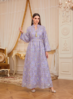 Élégante Robe Longue Maxi Musulmane Brodée de Paillettes Florales, Col Montant, Ceinture à Pompons, Manches Longues, Longueur Cheville, Idéale pour les Fêtes