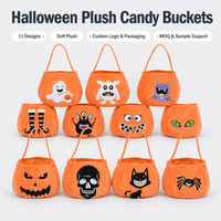 Seau à bonbons en tissu peluche imprimé citrouille d'Halloween, avec poignée ouverte, sacs de rangement pour bonbons, décoration de fête