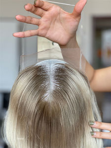 Shy Platinum Topper capillaire pour femme, blond, en cheveux humains Remy européens vierges bruts, à clipser, provenant d'un seul donneur, ondulation lâche, 18 pouces - Product Image 4