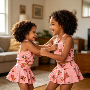 Ensemble de vêtements pour filles B8 avec imprimé personnalisé, bretelles réglables, haut à volants, jupe-short, en spandex et coton biologique - Product Image 1
