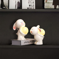 Lampe tactile en céramique peinte à la main en forme de lapin blanc avec lune, veilleuse mignonne en forme d'animal pour chambre d'enfant, décoration, cadeau
