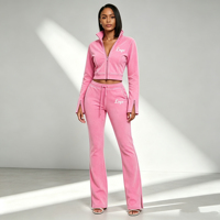 Ensemble de survêtement Y2K rose en velours personnalisé, veste courte zippée et pantalon évasé taille haute, avec logo imprimé – Fabricant de vêtements