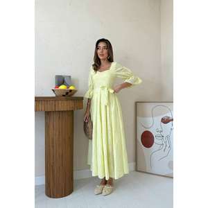 <b>Yellow</b> Embroidered Organza <b>Dress</b> Square Neck A-Line Vintage Breathable Evening <b>Dress</b> Natural Waistline - Product Image 4