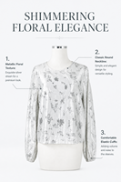 Chemisier pour femme argenté métallisé à motifs floraux, col rond, manches longues bouffantes avec poignets élastiques, coupe courte, élégant, décontracté, pour soirée, brillant