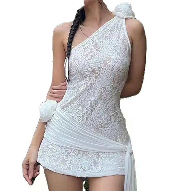 2000s Lace Floral Crochet Dress Women Sleeveless 3D Flower One Shoulder Bodycon Mini Dress with Mesh Tassel