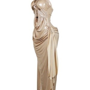 Nuevo Vestido Maxi Metálico Color Champán para Mujer, Cuello Halter, Cintura Natural con Encaje, Diseño Drapeado y Recortes, Estilo Casual Diario - Product Image 6