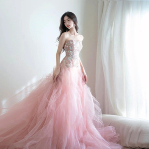LY-PD0112 abiti da sera donna moderna <span class=keywords><strong>rosa</strong></span> <span class=keywords><strong>Tulle</strong></span> gonna di pizzo ricamata Sexy con spalle scoperte naturale lungo fino al pavimento - Product Image 1
