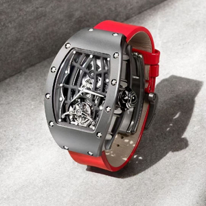 Reloj Mecánico de Lujo Tonneau Tourbillon con Esfera de Diseño Hueco, Caja Gris y Correa de Goma Roja - Product Image 5