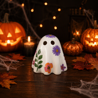 Figur Hantu Halloween Grosir, Keramik Tahan Panas Putih, Dekorasi Daun Bunga, Lampu LED Warna-warni, Dekorasi Rumah Meriah