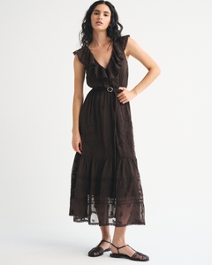 Vestido Midi Casual Leduo Personalizado para Mujer, Color Marrón Oscuro, Cuello en V, Volantes, Sin Mangas, Bordado, con Cinturón de Malla - Product Image 2
