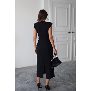 Vestido de Buceo con Cuello en V para Mujer, Detalles de Fruncido Lateral en Suéteres Negros - Product Image 1