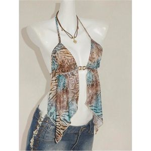 FOXA Top halter con estampado de guepardo para mujer, sin mangas, espalda descubierta, corte asimétrico, camiseta de verano, top ligero y transpirable - Product Image 3
