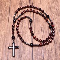 Colliers de prière catholique en pierre naturelle œil de tigre rouge onyx avec pendentif croix en hématite pour hommes et femmes