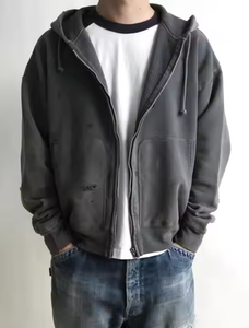 Sudadera con capucha con cremallera y hombros descubiertos para hombre, Jersey de algodón de gran tamaño 100%, sudadera con lazo francés para hombre - Product Image 5