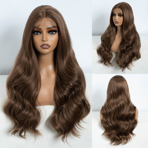 Perruques synthétiques à dentelle frontale FREEDOM pour femmes, longues et ondulées, effet Body Wave, 26 pouces, brun clair, pour cosplay - Product Image 1