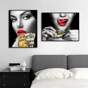 Décor à la maison lèvres rouges fumer <span class=keywords><strong>femme</strong></span> montre dorée brûlant Dollars argent Cigarette riche fille mur Art Mural suspendu peinture à l'huile - Product Image 5