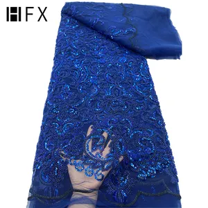 HFX Kain Renda Nigeria Ungu 2022 Baru Mewah Bordir Kristal Payet Kain Bermanik-manik Berat Renda untuk Gaun Pengantin