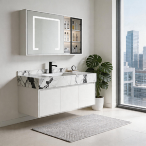 Mueble de Baño Moderno Personalizado de Piedra Quemada, Lavabo de Pared de Profundidad Reducida para Espacios Estrechos, Uso en Hospitales y Villas - Product Image 3