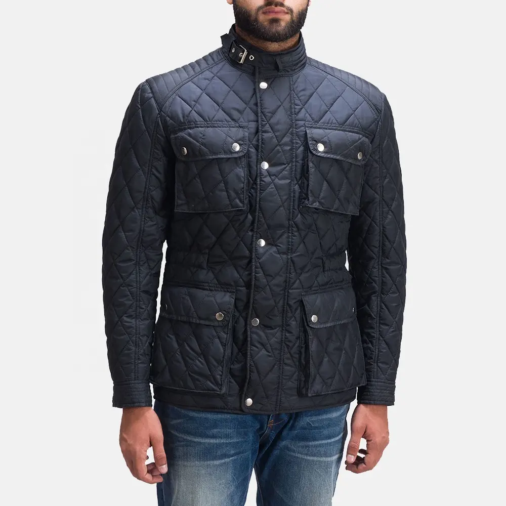 Men Windbreaker Quilted Jacket Coat in black Customized with Neck Belt in polyester / men bomber quilted jacket