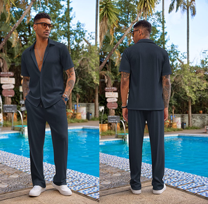 Conjunto de <span class=keywords><strong>2</strong></span> Piezas para Hombre, Camisa Casual de Manga Corta con Botones, Pantalones Holgados de Playa para Verano - Product Image 2