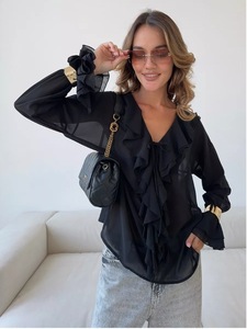 Nuova moda stile europeo americano <span class=keywords><strong>abbigliamento</strong></span> da <span class=keywords><strong>donna</strong></span> arricciato manica a campana con collo a V cravatta <span class=keywords><strong>Chic</strong></span> Chiffon camicetta da <span class=keywords><strong>donna</strong></span> - Product Image 5